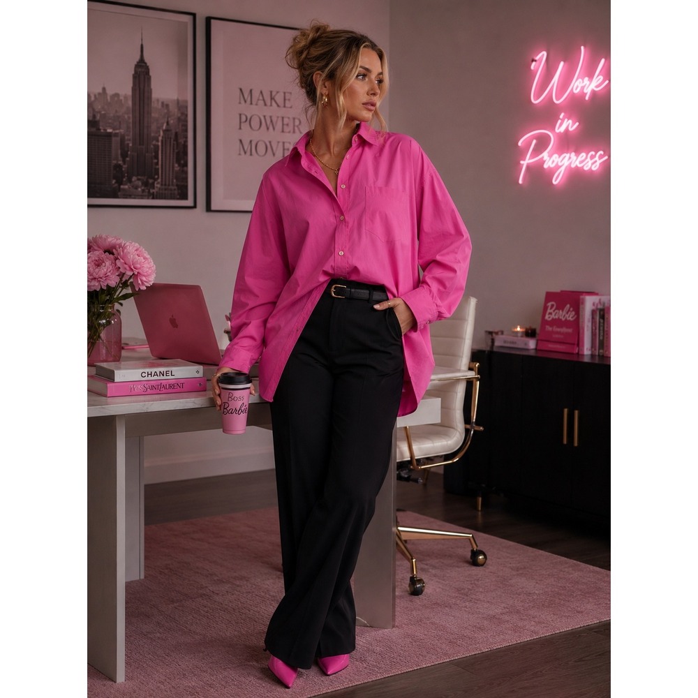 Kaffe Hot Pink Button Down Shirt Long Sleeve Barbiecore Size XS/S